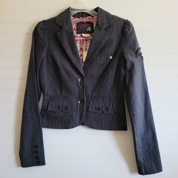 Billabong Denim Blazer Womens Small Black Pinstripe Patch Crest Academia Preppy - Picture 1 of 16